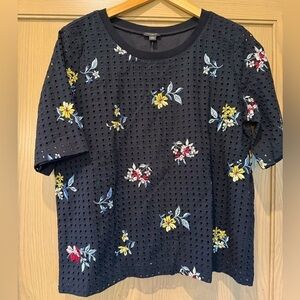 NWT Ann Taylor Black Eyelet Lined Embroidered Floral Short Sleeve Pullover